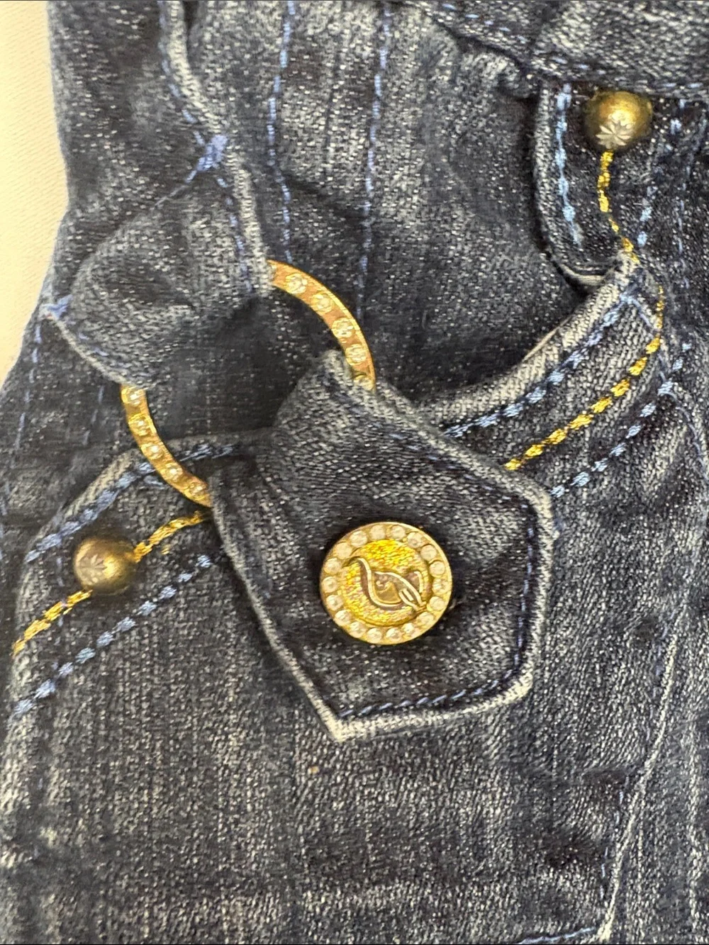 Baby Phat Dark Blue Denim Pleated Mini Skirt with Gold Accents and Rhinestones-6